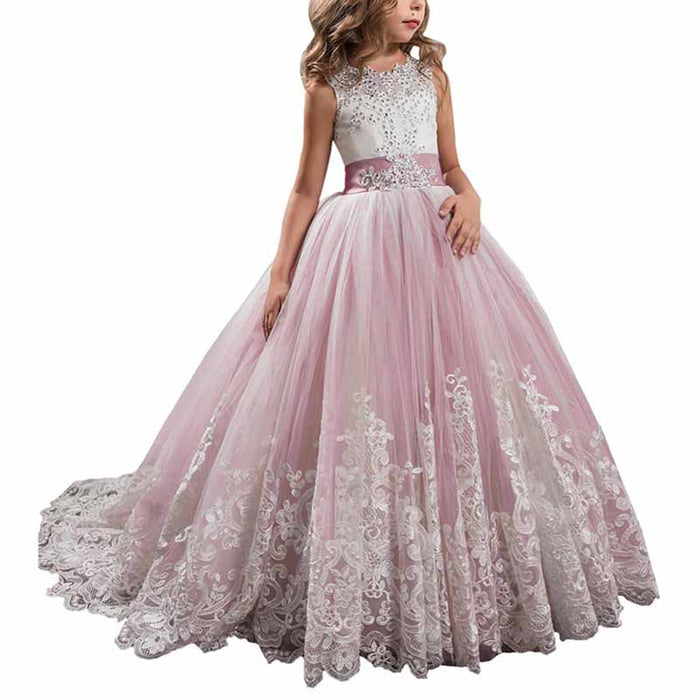 Princess Lace Flower Wedding Dress Kids Prom Puffy Tulle Ball Gowns