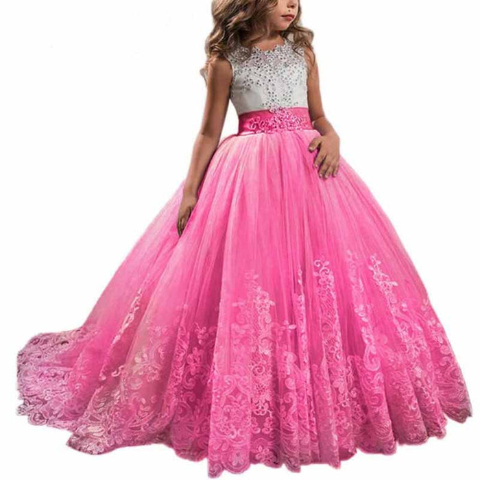 Princess Lace Flower Wedding Dress Kids Prom Puffy Tulle Ball Gowns