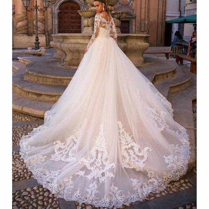 Princess Off the shoulder tulle church wedding dresses with appliques detachable sweep train bridal dress