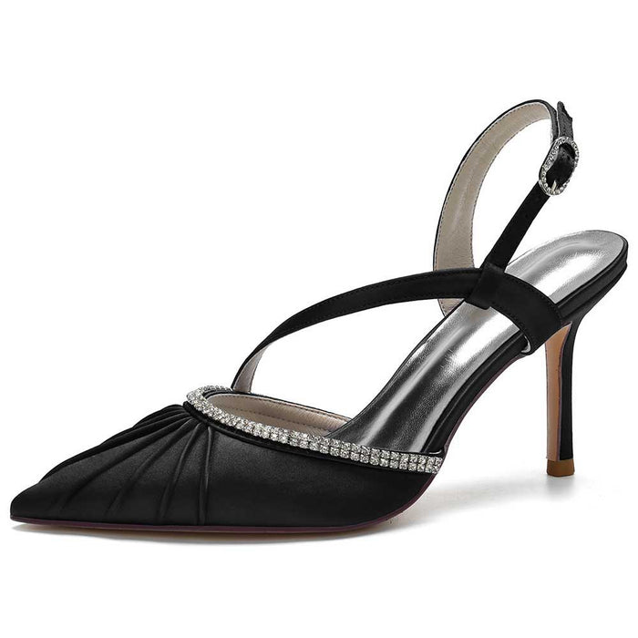 Elegant black prom heels with crossing straps and sparkling rhinestone detailing for special occasions.