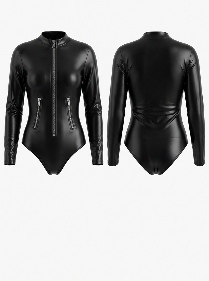 PU Faux Leather Zipper Bodysuit
