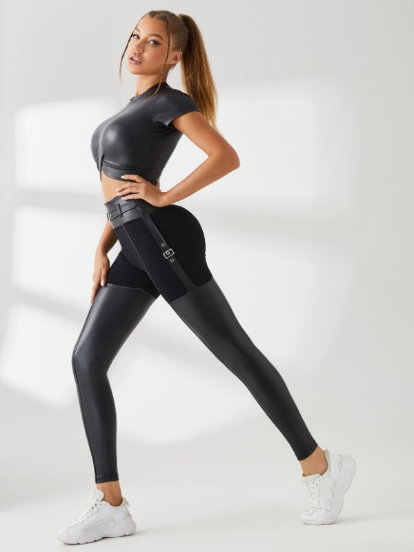 ❤PU Glossy Metal Buttons Hip-lift Sportswear