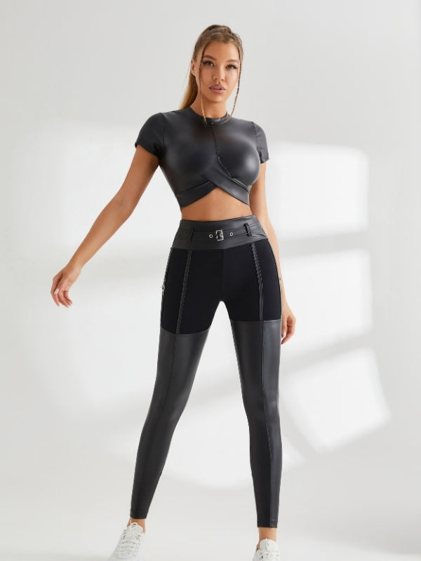❤PU Glossy Metal Buttons Hip-lift Sportswear