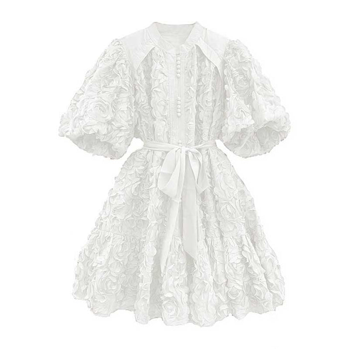 Puff Sleeve Flower Embellished Lace-Up Mini Dress