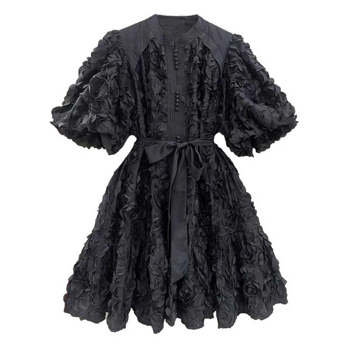 Puff Sleeve Flower Embellished Lace-Up Mini Dress