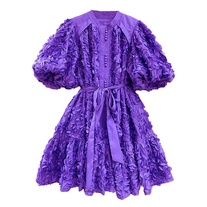 Puff Sleeve Flower Embellished Lace-Up Mini Dress
