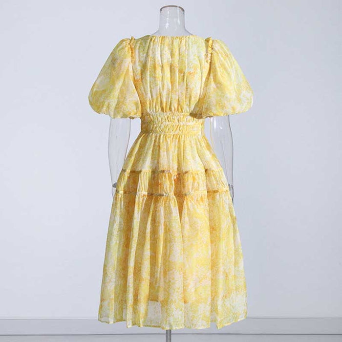 Puff Sleeve Midi Dress Yellow
