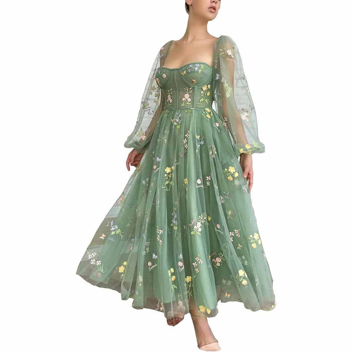 Puffy Sleeve Prom Dresses Flower Embroidery Tulle Formal Dress Evening Party Gowns