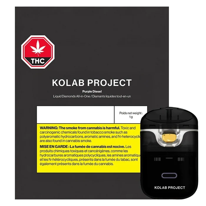 Kolab Project Purple Diesel Diamonds AIO Disposable Vape, displayed against a black background with minimal labeling.