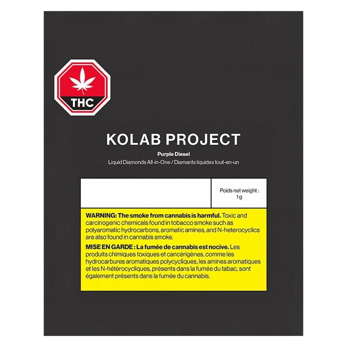 Front-facing product packaging shot showing the black box with a red THC octagon and bold white text reading "KOLAB PROJECT Purple Diesel" for Purple Diesel Diamonds AIO Disposable Vape.
