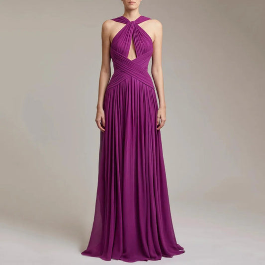 Purple Halter Neck Evening Gown | Criss Cross Waist Formal Dress | Long Chiffon Prom Dress
