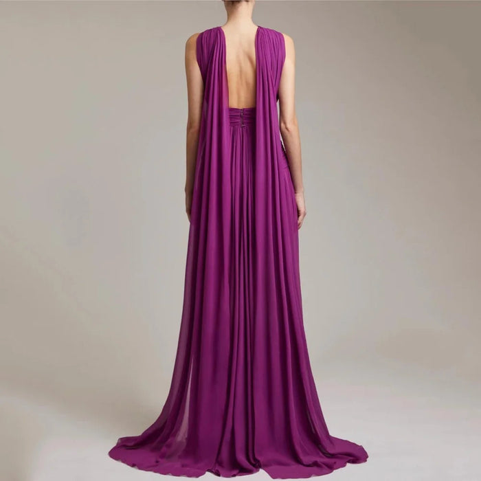 Purple Halter Neck Evening Gown | Criss Cross Waist Formal Dress | Long Chiffon Prom Dress