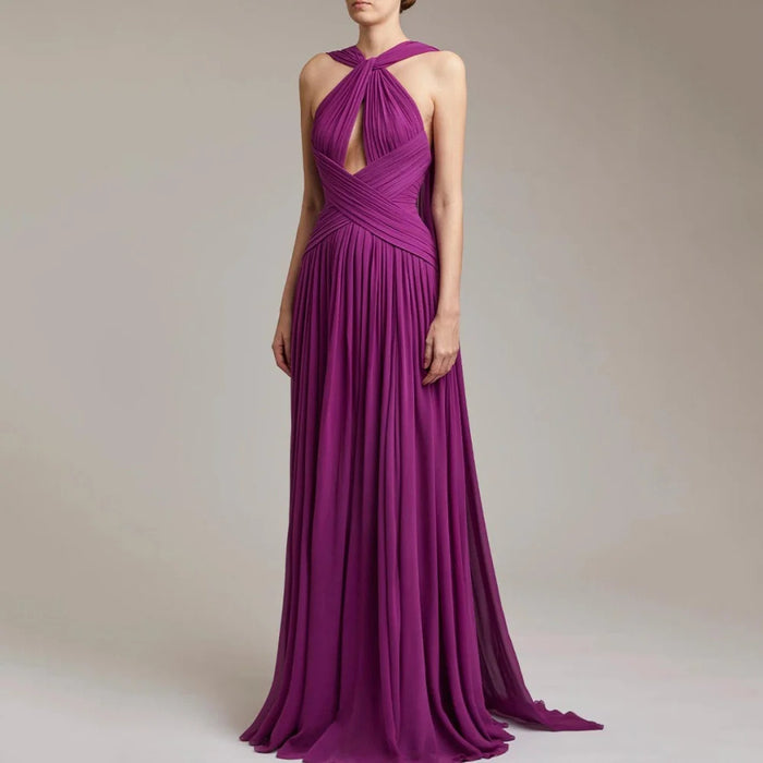 Purple Halter Neck Evening Gown | Criss Cross Waist Formal Dress | Long Chiffon Prom Dress