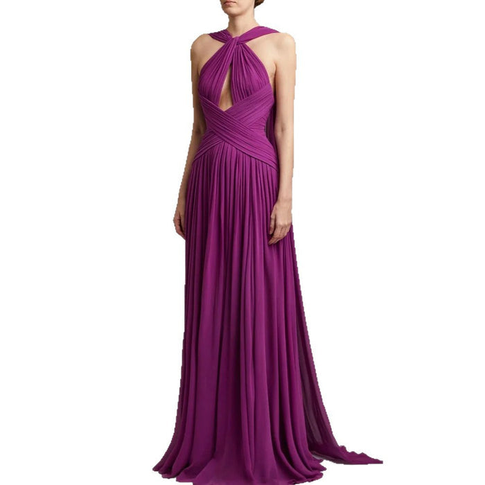 Purple Halter Neck Evening Gown | Criss Cross Waist Formal Dress | Long Chiffon Prom Dress