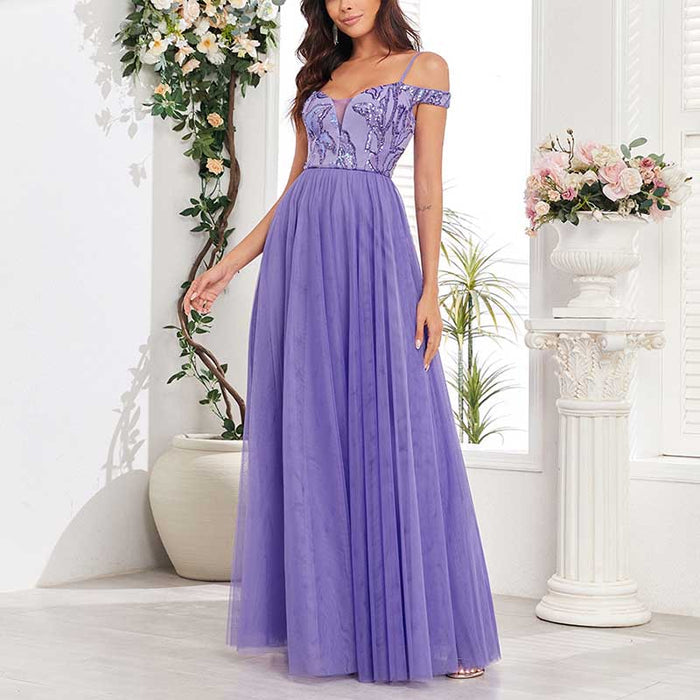 Purple Long Prom Dress Off The Shoulder Tulle A Line Sequin Bridesmaid Dress