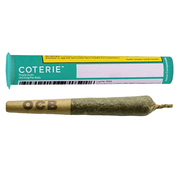 Close-up of the Purple Zushi Pre Rolled 3 x 0.5 g pre-rolls, displaying a white package with black and purple branding.
