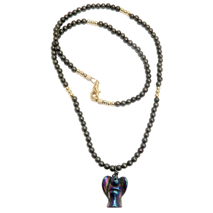 A Pyrite necklace with a angel of hope rainbow crystal pendant, featuring a gunmetal copper wire and gold-plated brass beads.