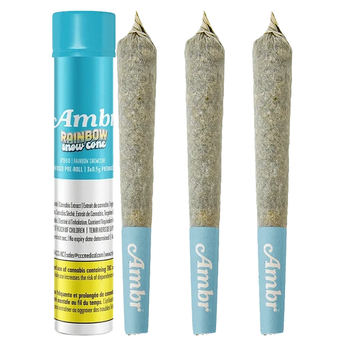 A close-up, angled view of the Rainbow Snowcone Infused Pre Rolled 3 x 0.5 g packaging, featuring colorful branding against a dark background.