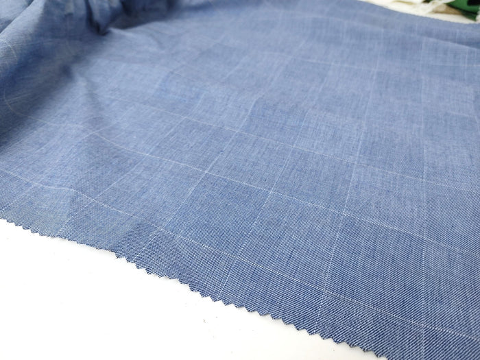 Ramie Cotton Stretch Fabric with Blue Windowpane 3346 - The Linen Lab - Blue