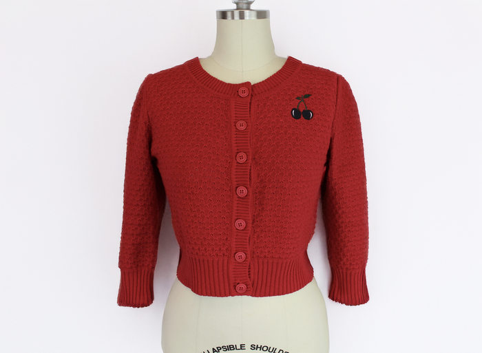 Red 3/4 Sleeve Cardigan Sweater with Cherry Embroidery