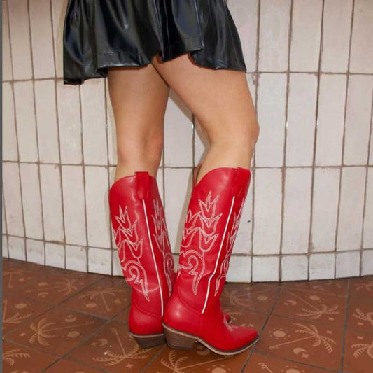 Red chunky cowgirl boots for women with intricate design, perfect for stylish western outfits