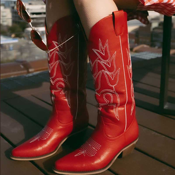 Stylish red chunky cowgirl boots for women with intricate embroidered design for trendy outfits
