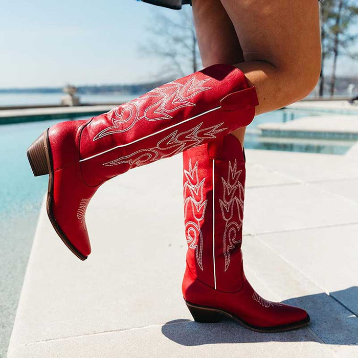 Stylish red chunky cowgirl boots for women with intricate white stitching and a modern design