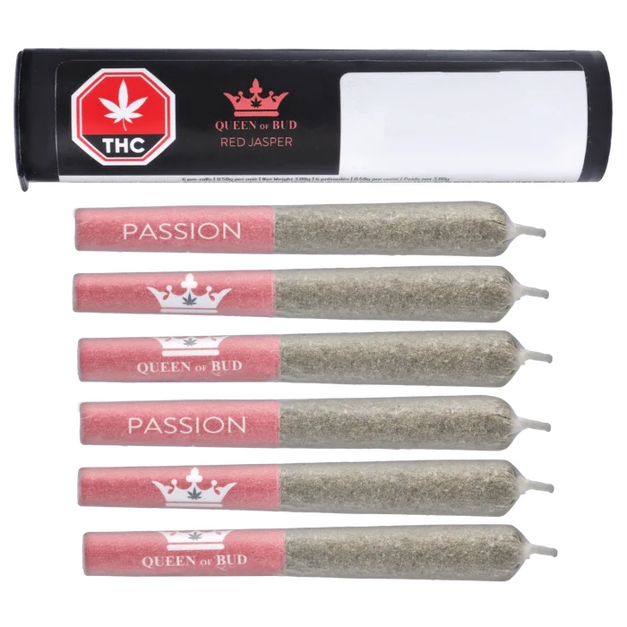 Top-down view of the Red Jasper Infused PR 6 x 0.5 g tube and six pre-rolls laid out horizontally, each with a pink "PASSION" and crown label on a white background.