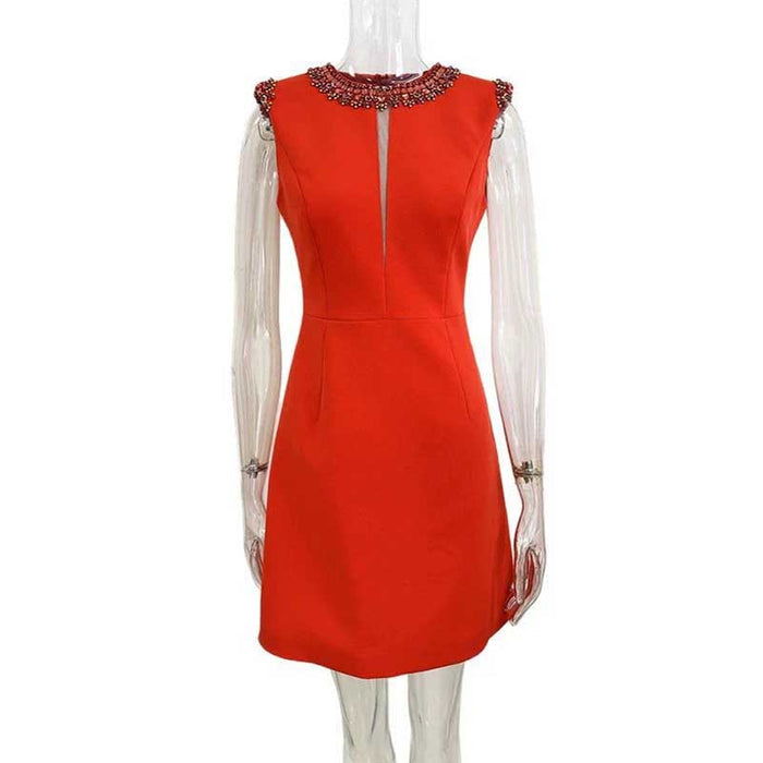Red Mini Dress Sleeveless Beaded Neck Collar Short Party Dress For Women