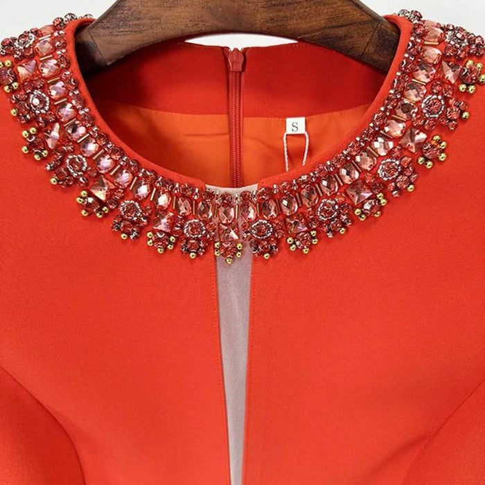 Red Mini Dress Sleeveless Beaded Neck Collar Short Party Dress For Women