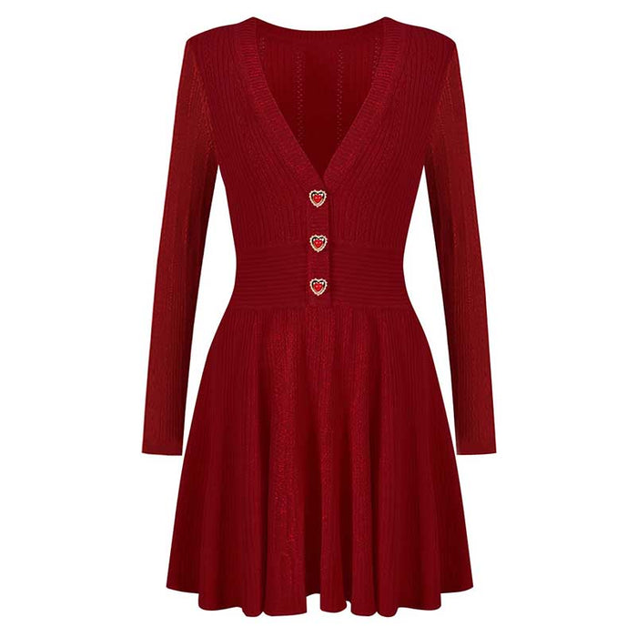 Red V-Neck Long Sleeves Mini Knitted Dress Short A-Line Dress