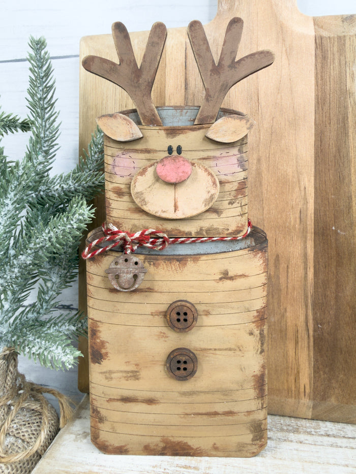 Finished reindeer Tin Can Christmas DIY wood craft kit with layered antlers and rustic holiday details