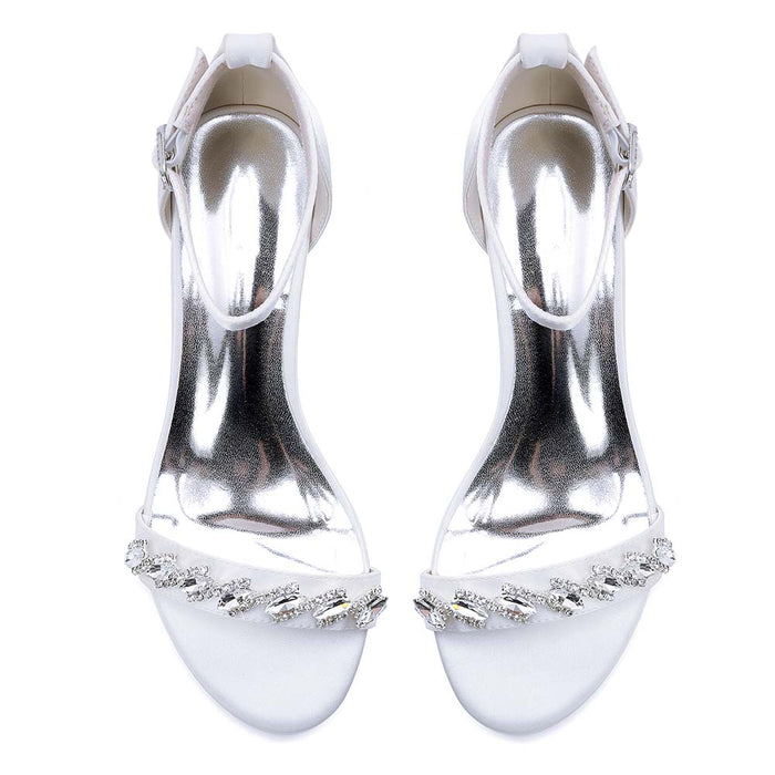 Rhinestone Ankle Strap Chunky Heel Sandals | Bridal Wedding Evening Dress Shoes