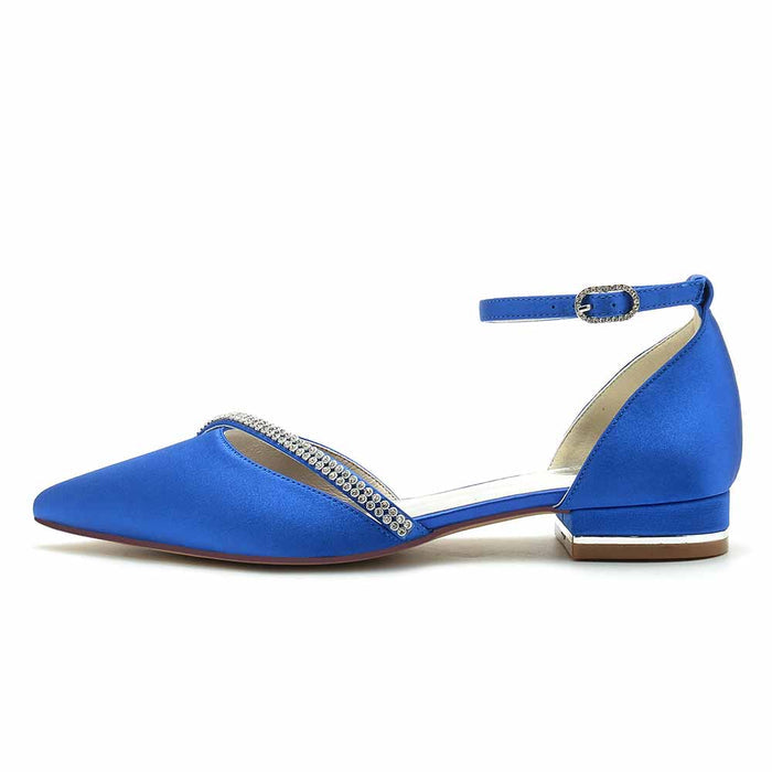 S&DCo. Blue Satin Rhinestone Ankle Strap Shoes for Prom with Elegant Pointed Toe Design