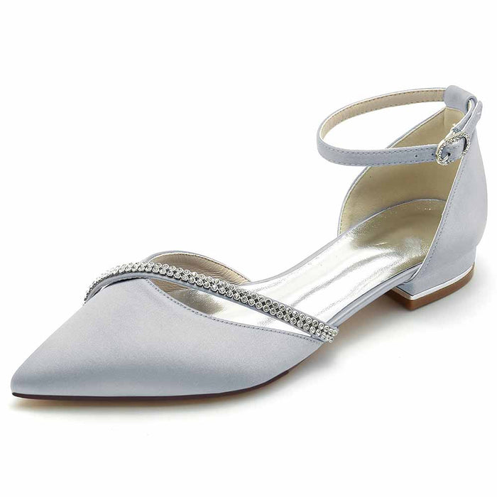 S&DCo. Elegant light gray rhinestone ankle strap shoes for prom with a pointed toe design