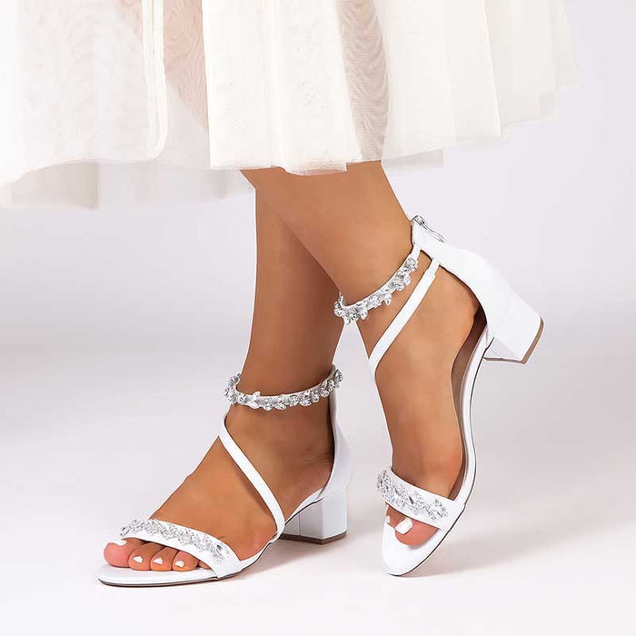 Elegant rhinestone bridal heels with ankle straps and block heels for wedding occasions