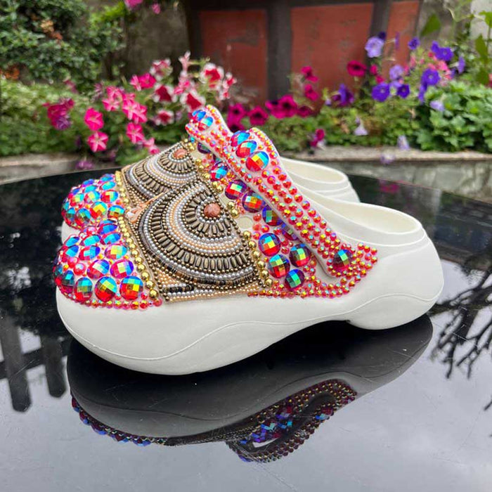 Rhinestone Flat Wedding Sneakers Round Toe Clog Shoes Multicolor Slip On Mules