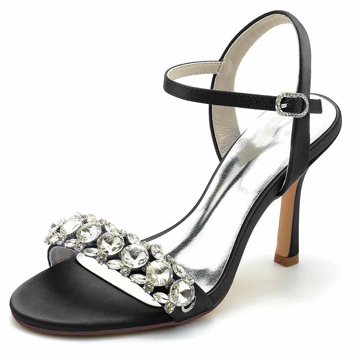 S&DCo. black rhinestone high heel sandals for women with elegant ankle strap and sparkling embellishments