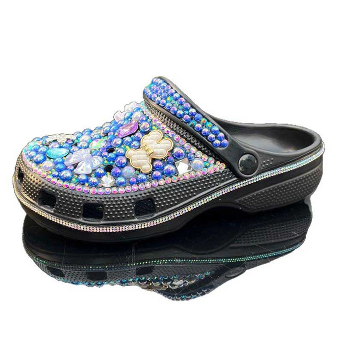 Rhinestone Pearls Sneakers Round Toe Clog Shoes Slip On Mules Black