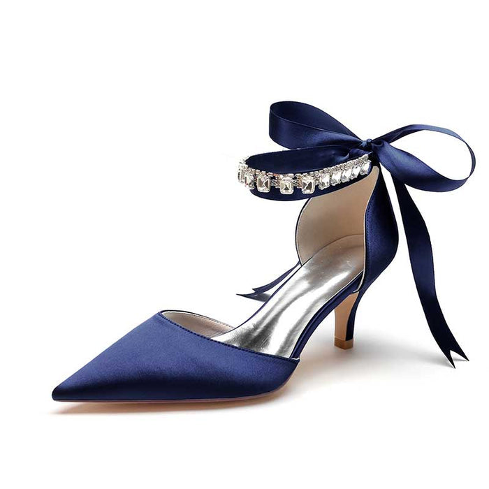 Navy sd-hk rhinestone prom shoes for women with ankle ribbon and pointed toe design