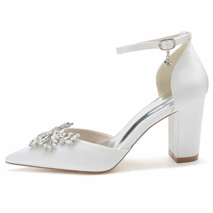 White rhinestone satin chunky heel shoes with elegant embellishments for stylish occasions