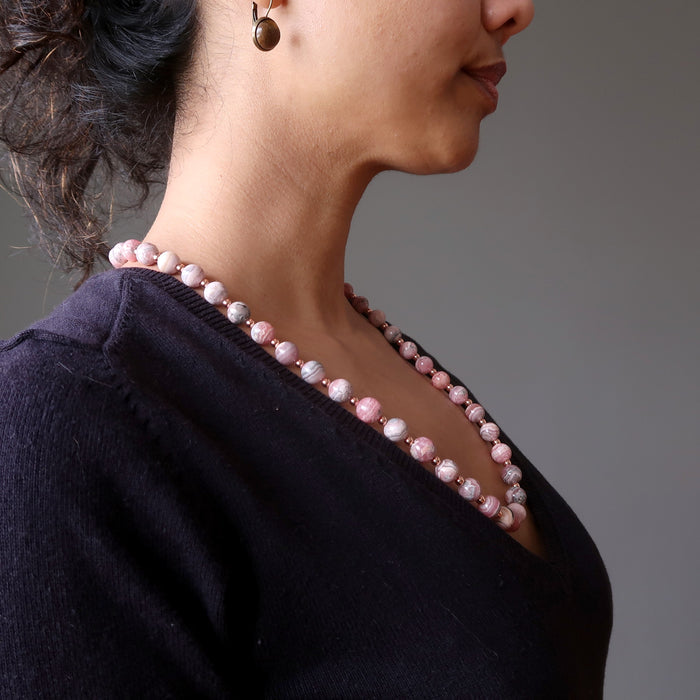 sheila of satin crystals wearing rhodochrosite necklace