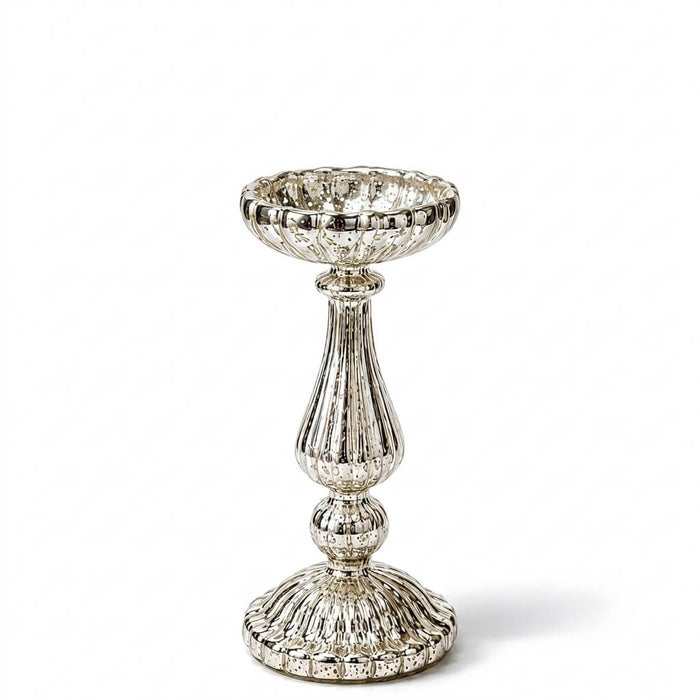 10" Ribbed Unique Mercury Glass Pillar Candle Holder on a white background