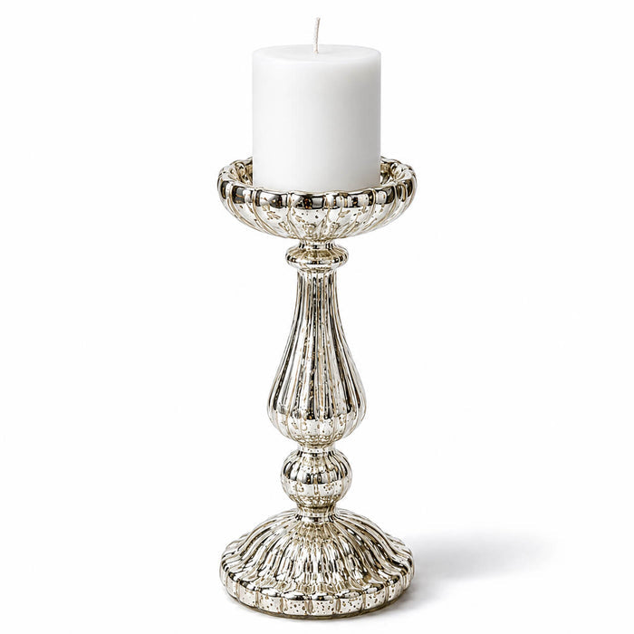 10" Ribbed Unique Mercury Glass Pillar Candle Holder with unlit white candle
