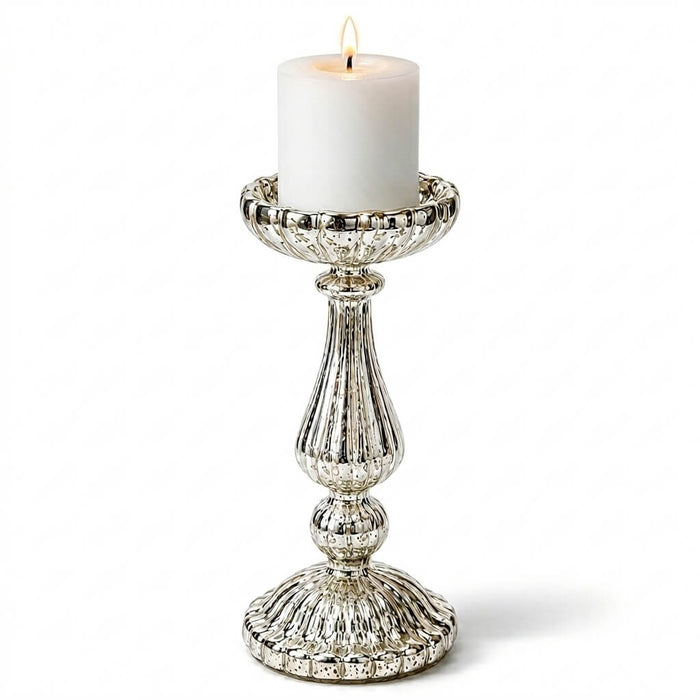 10" Ribbed Unique Mercury Glass Pillar Candle Holder with lit candle