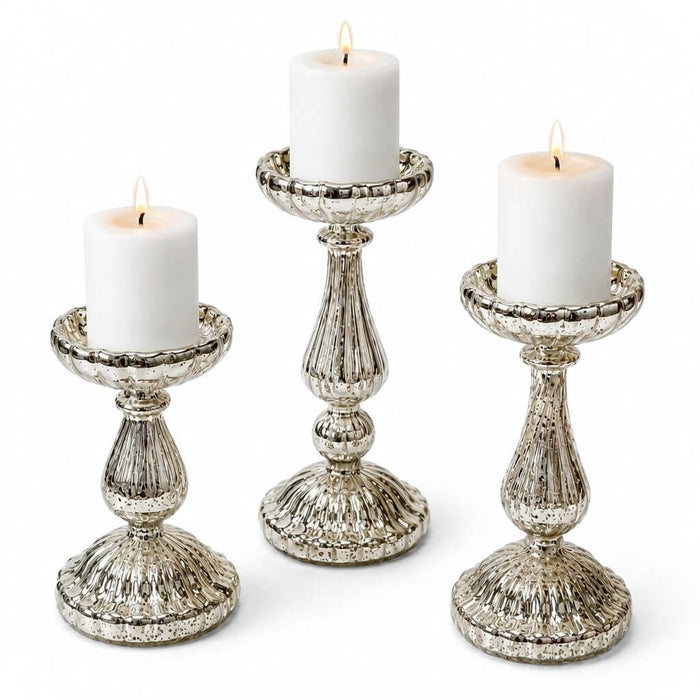 10" Ribbed Unique Mercury Glass Pillar Candle Holders with lit white candles