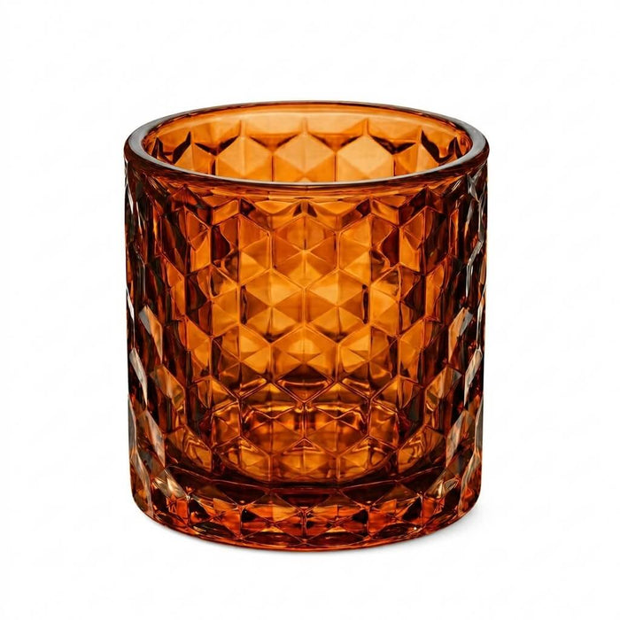 Amber chunky honeycomb glass votive and tealight holder on white background
