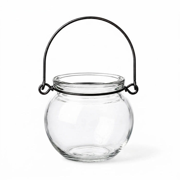 Empty Bubble Hanging Glass Vase with a black wire handle on a white background