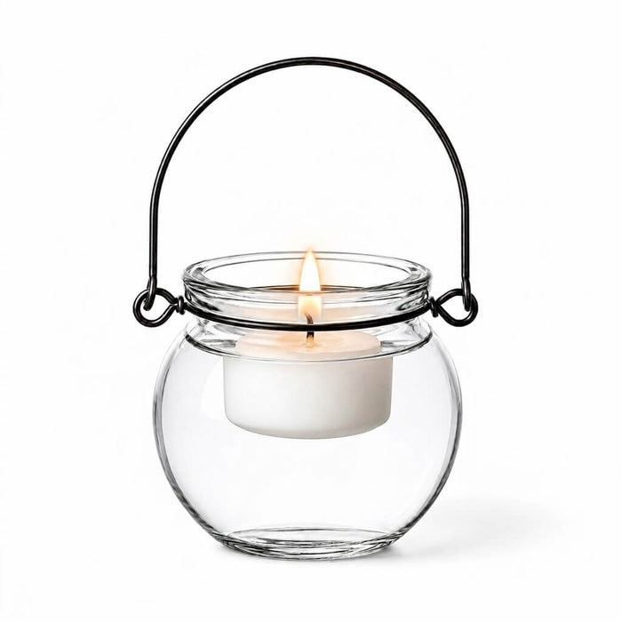 Lit white tealight candle in a Bubble Hanging Glass Vase on a white background