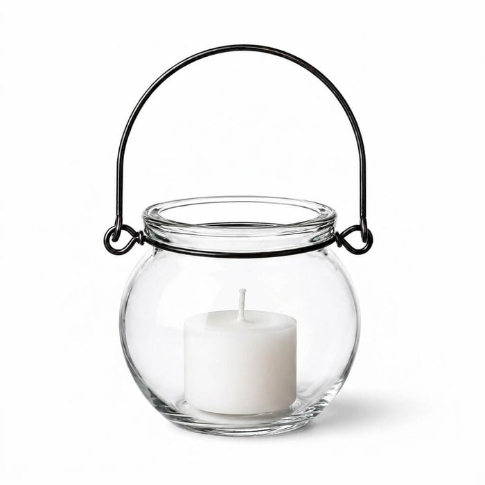 White votive candle inside a Bubble Hanging Glass Vase on a white background